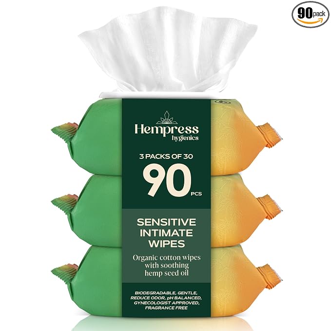 Sensitive Intimate Wipes for Women, Organic (90 Count) | Soft & Gentle for Sensitive Skin, 100% Cotton, Fragrance Free, pH-Balanced Feminine Care, Multiuse - Vaginal, Face & Body