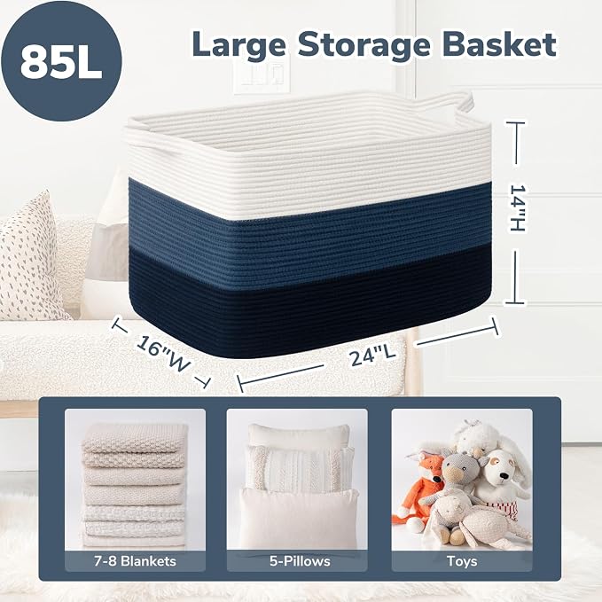 Goodpick 85L Large Blanket Basket 23.6" x 15.7" x 13.8" Cotton Rope Storage Baskets for Organizing, Rectangle Woven Baskets for Storage, Baby Toy Basket for Nursery Bedroom, Blue