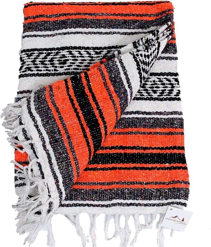 Open Road Goods Bulk Falsa Blankets - Handwoven Authentic Mexican Falsa - Great for Weddings, Yoga, Beach, Picnics, or Mexican Throw! (Orange/Black, 15 Pack)