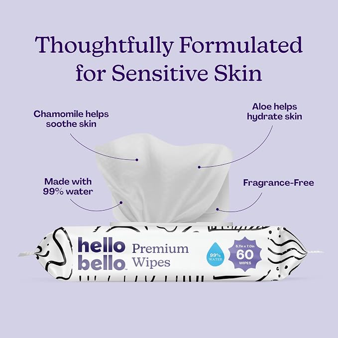 Hello Bello Premium Wipes, Designed for Sensitive Skin with Chamomile & Aloe Extracts, Playful Sketches (12 Resealable Packets = 720 Total Wipes)