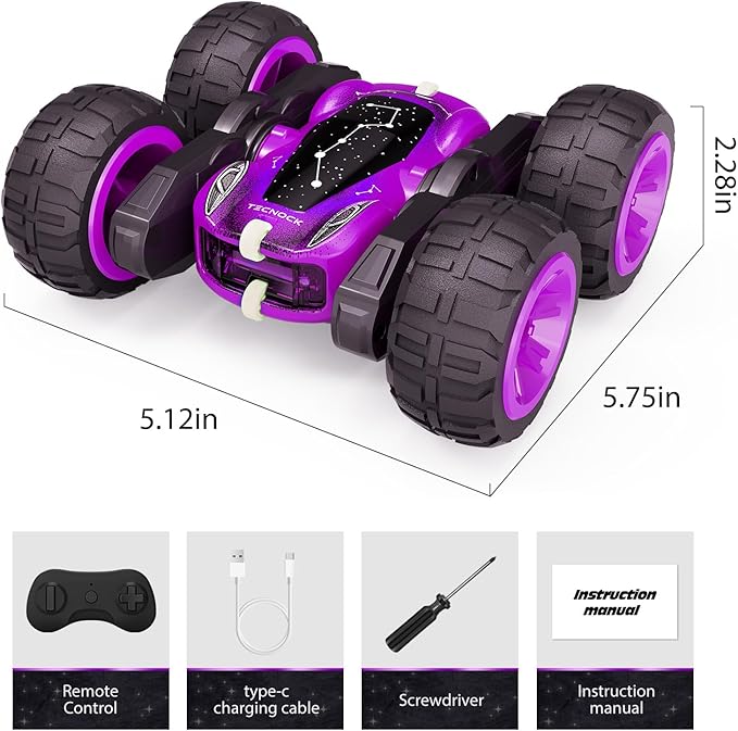 Tecnock Remote Control Car for Kids, 2.4GHz RC Cars with USB-C Easy Charging, 4WD Double Sided 360° Rotates and Flips RC Stunt Car, Toys Gift for Boys and Girls Ages 6-8, 8-12
