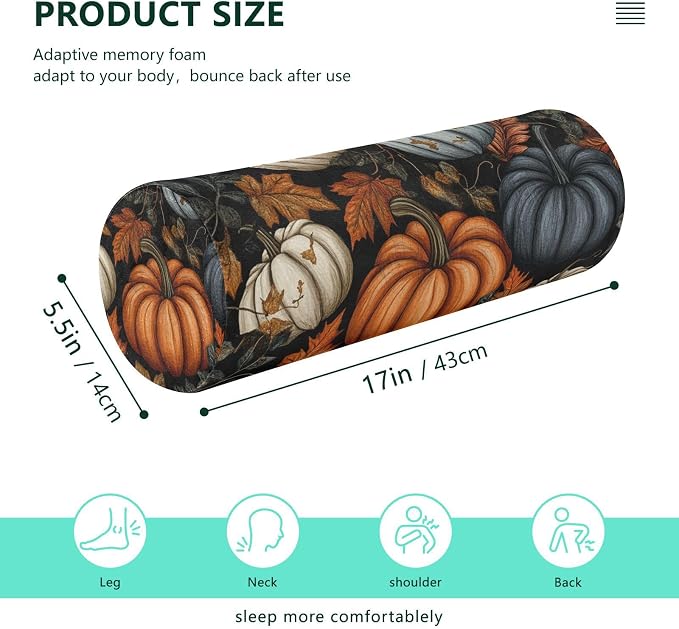 Fall Thanksgiving Pumpkin Neck Roll Pillow Bolster Round Health Memory Foam Long Cervical Cylinder Pillows with Removable Washable Cover for Body Bed Legs Back Yoga