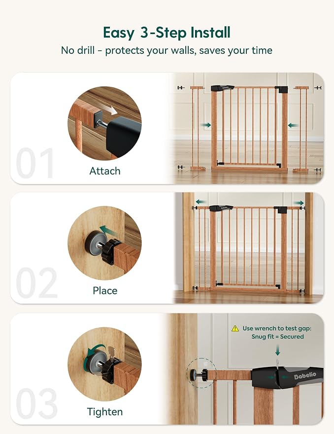 Babelio Metal Auto Close Baby Gate PressGuard P7, 29"-55" Wide Extra Wide Pet Gate for The House and Doorways, Pressure Mounted Walk Thru Child Gate with Door, Brown Wood Pattern