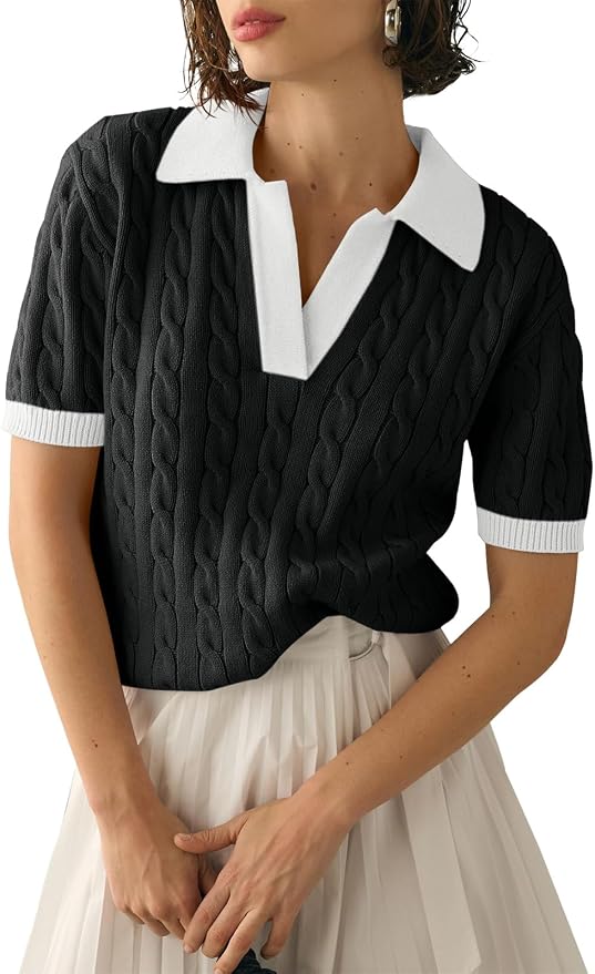 Imily Bela Womens Cable Short Sleeve Sweaters Tops Lapel V Neck Knit Shirt | Solid,Knit Casual,Soft Pullover,Fall Sweaters,Womens Summer Work Tops