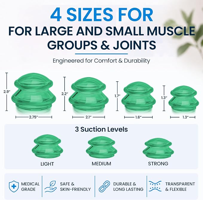 Silicone Cupping Therapy Set Professional Massage Cupping Cups for Cupping Therapy 4 Cup Kit for Massage, Myofascial Release, Cellulite Reduction (Lure Green)