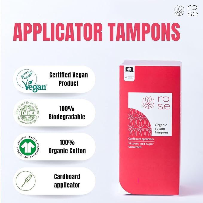 Rose Organic Tampons - Super, Cardboard Applicator, 100% Organic Cotton Security Veil, Unscented - 16 Count (Pack of 4)