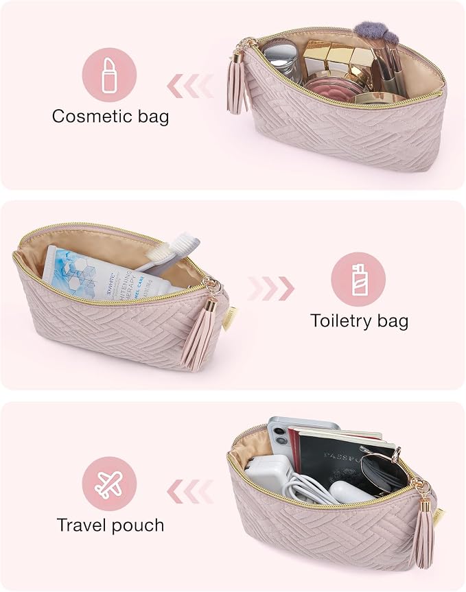 BAGSMART Small Makeup Bag, Elegant Cosmetic Pouch with Tassel, Soft Water-Resistant Travel Organizer for Women, Cosmetics & Everyday Essentials, Pink
