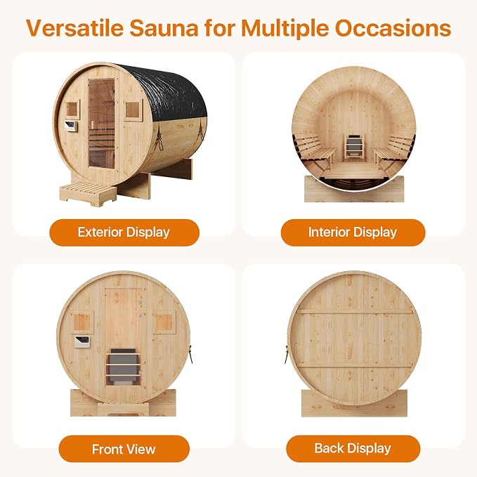 Outdoor Barrel Sauna, Traditional Wood Sauna for Backyard, Dry＆Wet Sauna for Outdoor, 220V/6KW Electric Heater with Sauna Stone, Sauna Accessories, Waterproof Tarpaulin