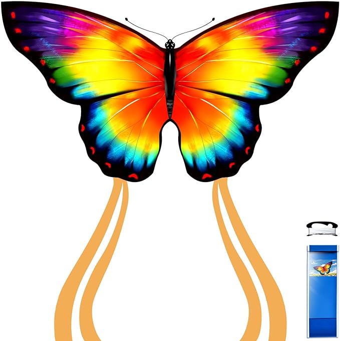 Simxkai Butterfly Kite for Kids & Adults, Easy to Fly Blue Big Kite for Beginners, Line Handle Included (1Pack 2Pack)
