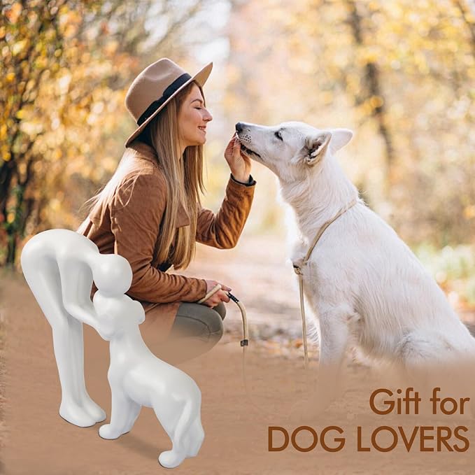 Abstract Person and Dog Sculpture Head-to-Head Figurine White | abstract sculpture celebrating the bond between person and pet. Intimate head-to-head Touching memory keepsake for dog lovers