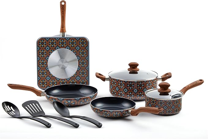 IMUSA 10 Piece Talavera Aluminum Black Ceramic Cookware Set | Black Ceramic Nonstick Coating, Cool-Touch Handles and Glass Lid, Ideal for Mexican Dishes, Great for Gifting