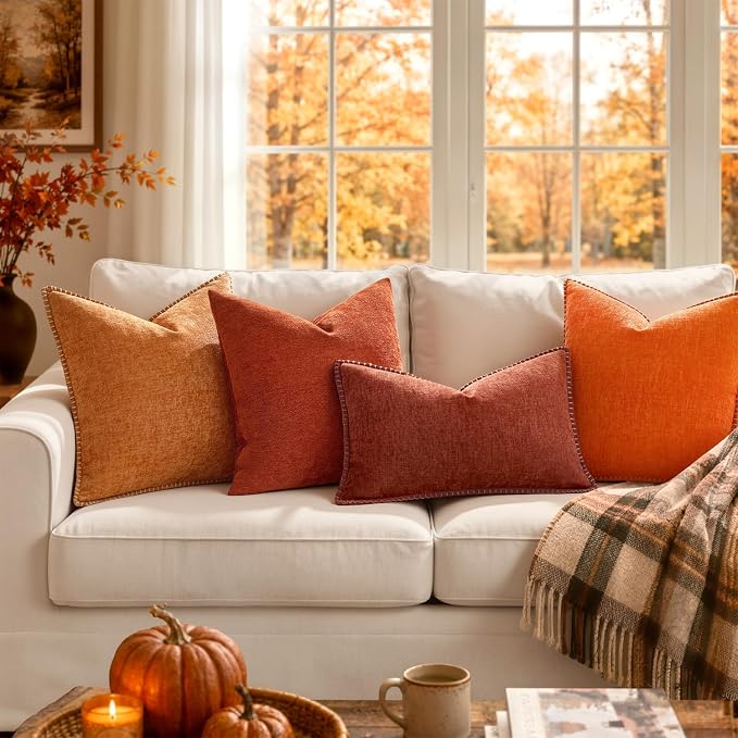 MIULEE Fall Decorative Couch Throw Pillow Covers 20x20 Inch Orange 2 Pack | Farmhouse Pillow Covers with Stitched Edge, Soft Chenille Cushion Cases, for Sofa Bed Living Room Home Decor