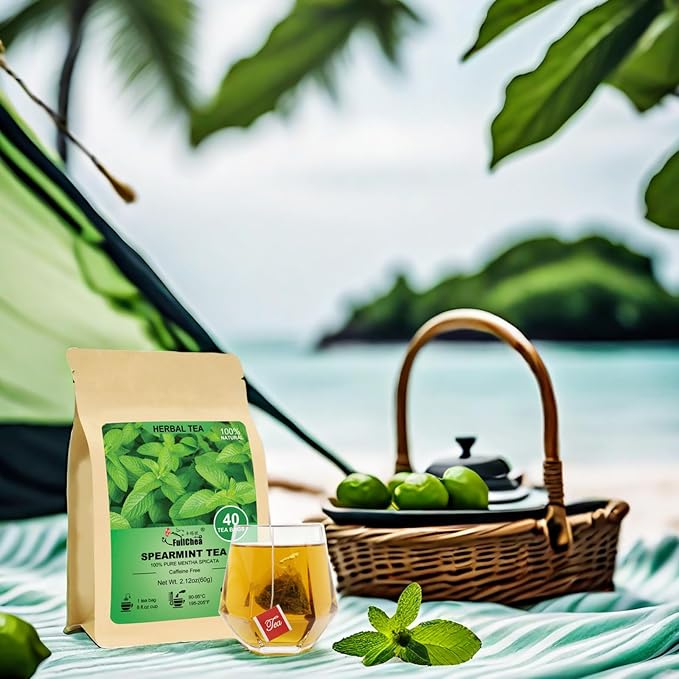 FullChea - Spearmint Tea Bags, 40 Teabags, 1.5g/bag - Premium Spearmint Leaves - Non-GMO - Caffeine-free - High in Antioxidant & Support Digestion (Pack of 2)