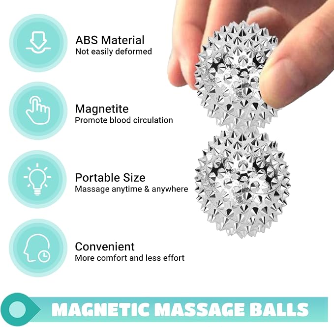 Spiky Massage Ball, Magnetic Balls, Hand Massage Ball Silver Ball 1 Pair, Hand Acupuncture Ball Massage for Adult and Kid, Hand Exercise Squeeze Balls for Pain Pressure and Stress Relief