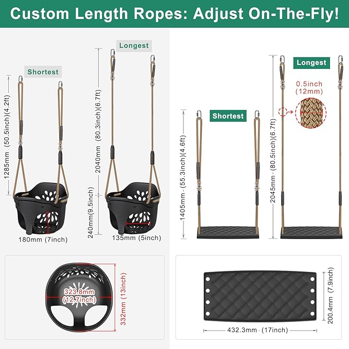 SELEWARE Heavy Duty Swing Set Brackets Kit with 2 Green A-Frame Swing Brackets, 4 Black Swing Hangers & 2 Black Swing Seats, Complete DIY Outdoor Playground Hardware for Backyard, Kids & Toddlers