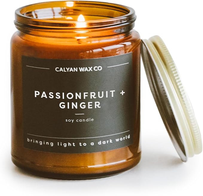 Calyan Wax Co. Passionfruit & Ginger Scented Candle - 57 Hour Burn - Luxury Clean Soy Wax Candles - Long Lasting Amber Glass Jar Candle for Home - 7.2oz