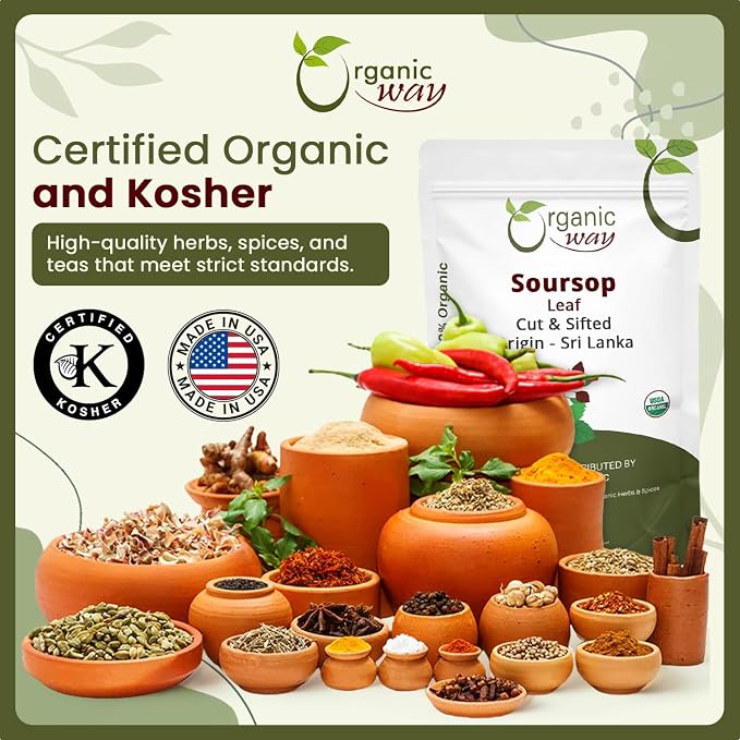 Organic Way Dried Soursop Leaf Coarse Cut (Annona Muricata) - Herbal Tea | Vegan, Non GMO & Gluten Free | Kosher Certified & Resealable Bag | 100% Raw from Sri Lanka (1Lb, 16 Oz)