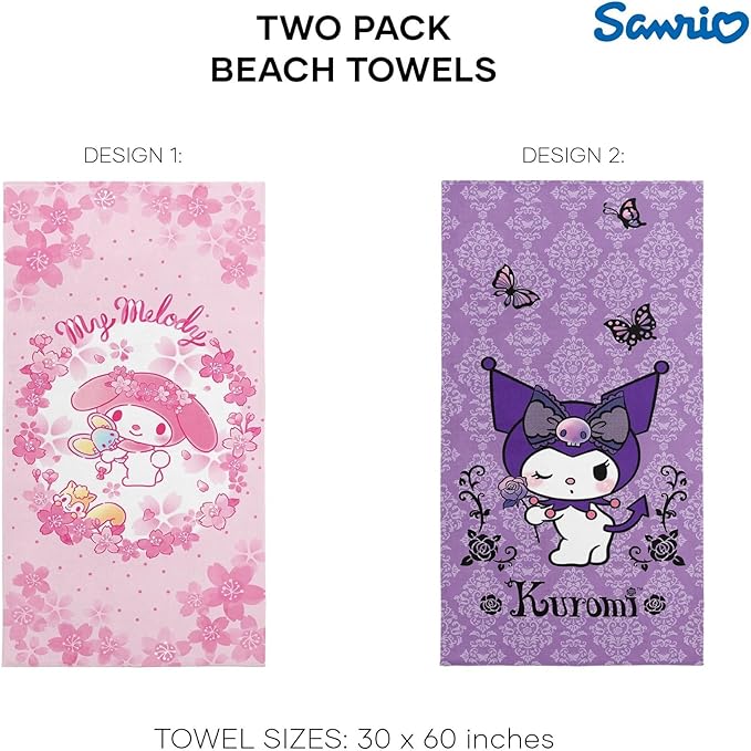 NORTHWEST Sanrio Hello Kitty Beach Towel Set for Boys and Girls, 2-Pack Oversized, Soft, Fast-Drying, Sand-Resistant Pool Towels with Sakura Floral Design 30" x 60"