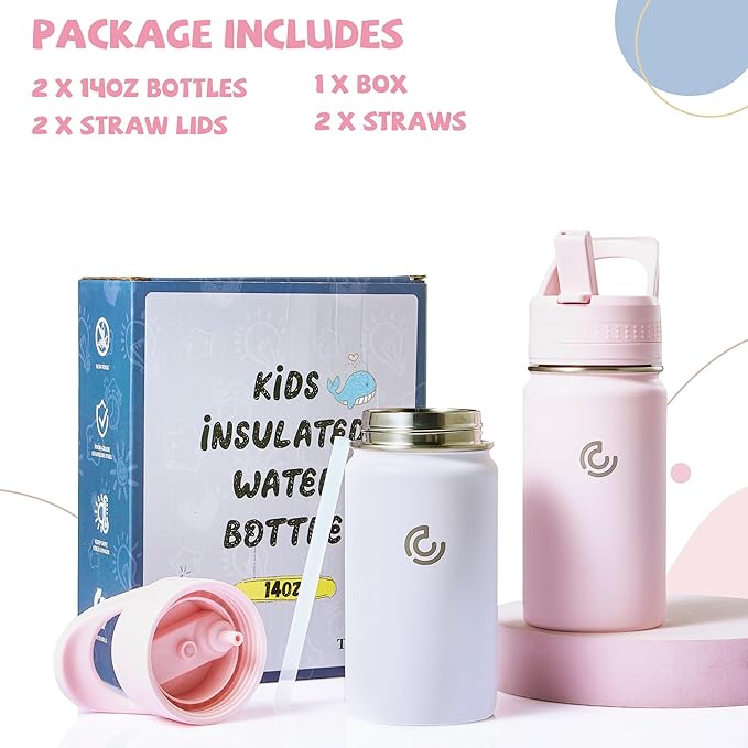 2 Pack Kids Water Bottle,14oz Stainless Steel Insulated Water Tumbler Leak-Proof,School Water Mug,Small and Portable,Suitable for Boys and Girls to Use(Pink + White)