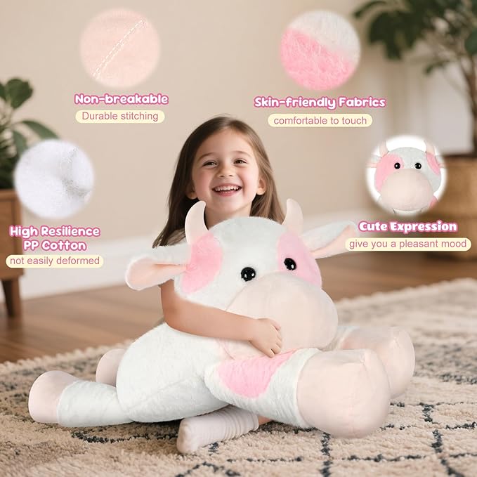Giant Cow Stuffed Animal 30", Jumbo Strawberry Cow Plush Toys, Giant Stuffed Animal Hugging Pillow for Stress Relief & Sleep Aid, Huge Cuddly Dairy Plushies Gift for Kids Adults