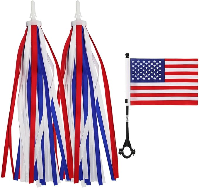 PLATT Kids Bicycle Streamers & Bike Handlebar American Flag Set, 4th of July Patriotic Bicycle Decoration for Girls Boys Bike Scooter, Independence Day Kids Bike Parade (Blue&Red&White)