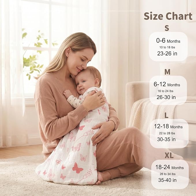 BSTOPPT 2 Pack Baby Sleep Sack 6-12 Months 100% Organic Cotton Muslin Baby Sleeping Bag 2-Way Zipper Wearable Blankets TOG 0.3 (Gray & Pink Butterfly, Medium)