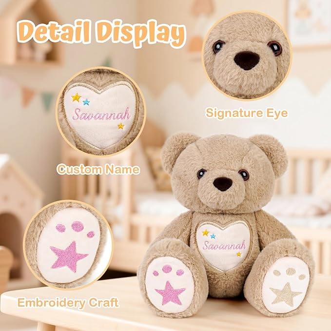 Custom Teddy Bear with Name Embroidery – Personalized Bear Plush Stuffed Animal for Toddlers Kids 1-10, Personalized Birthday for Baby Boys Girls(Brown)