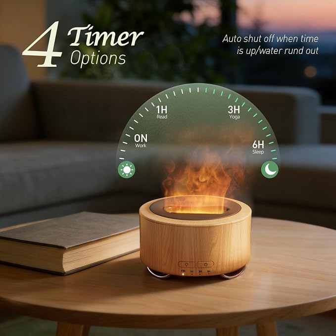 Essential Oil Diffuser for Home: 500ML Aroma Diffuser with Fireplace Flame Light & 9 Colors LED Improved - Quiet <25dB Cool Mist Humidifier for Bedroom Office Yoga Room