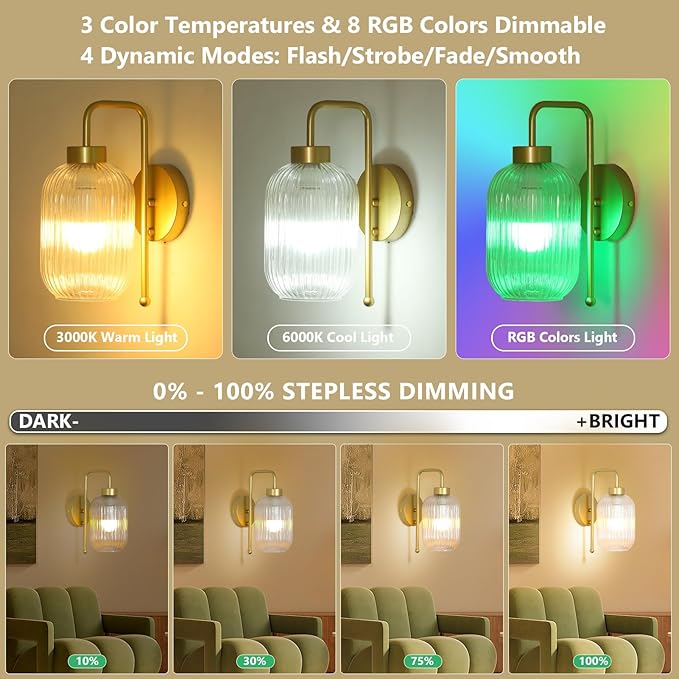 LAMSU Vintage Battery Operated Wall Sconces Set of 2, Wireless Wall Lights with Remote and Color Temperature Bulb, Gold Cordless Rechargeable Wall Lamps with Clear Glass Shade for Bedroom Living Room