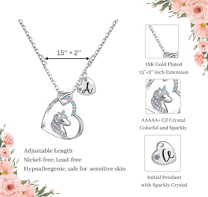 Valentines Day Gifts for Kids Girls - Unicorn Necklace for Girls with Initial Heart Pendant & Gift Box, 18K Gold Fashion Kids Jewelry, Colorful Heart Necklace for Birthdays & Costume Parties.