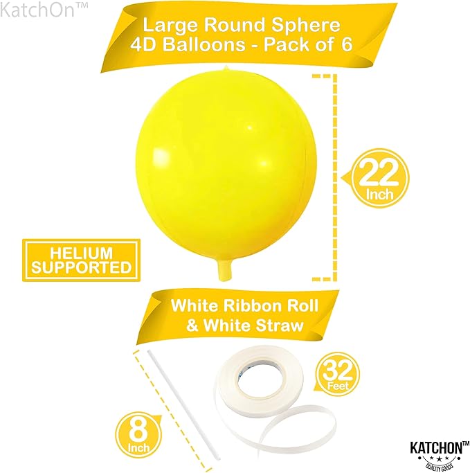 KatchOn, Huge Yellow Mylar Balloons - 22 Inch, Pack of 6 | Yellow Foil Balloons, Yellow Party Decorations | Large Balloons for Sunflower Birthday Party Decorations | Round Mylar Balloons