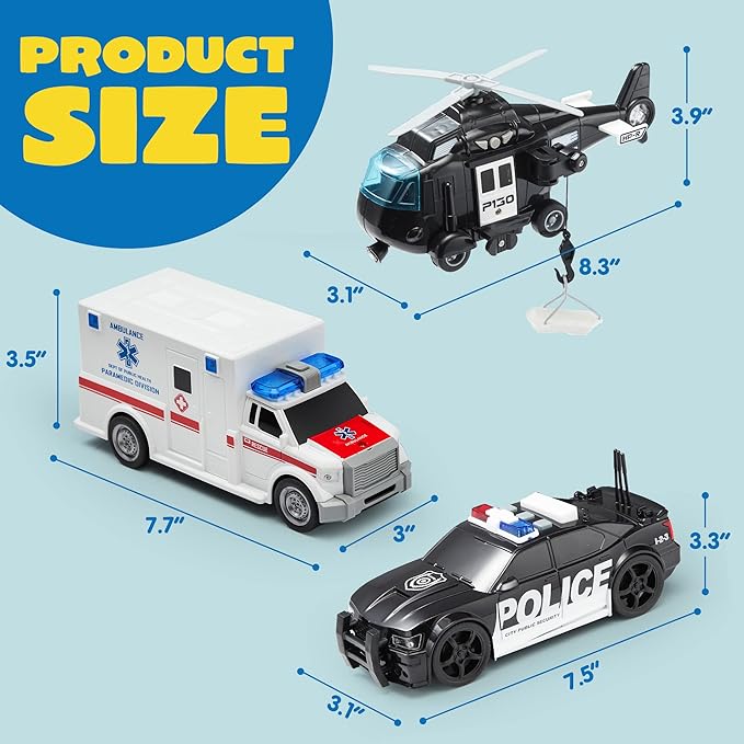 JOYIN Toddler Truck Toys for 3 4 5 6 7 Year Old Boys - Police Car Toy Set, Emergency Vehicle Playset, Friction Powered Car with Lights and Sounds, Christmas Birthday Gifts for Boys Girls Age 3-9