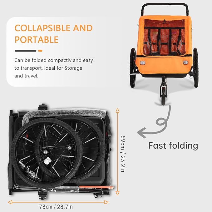 Sepnine 2-in-1 Kids Bike Trailer and Stroller with Suspension – Bike Trailer for 1 to 2 Children, Jogging Function, Foldable, 5-Point Harness, Spacious Storage, with Bug Screen and Weather Shield