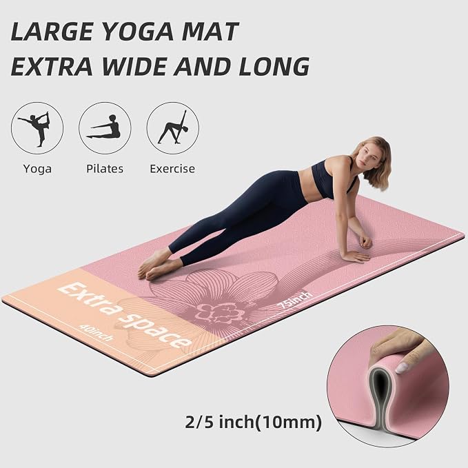 Large Exercise Mat | 10mm Thick TPE Non-slip Gym Mats, Carrying Strap