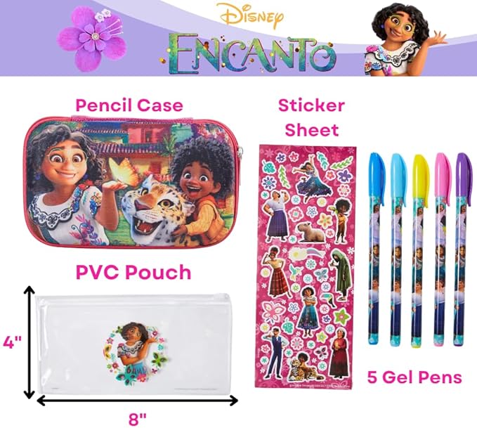Innovative Designs Disney Encanto Pencil Case Set with Stickers and Gel Pens for Kids, Molded with Zip Closure, Pink