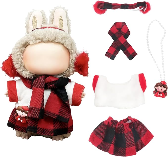 Winter 17cm Doll Clothes(NO Doll), Cute Christmas Red Grid Dolls Outfit Accessories with Headwear+Top+Skirt+Scarf Clothes Set for Dolls Christmas Clothes Set