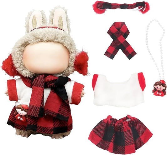 Winter 17cm Doll Clothes(NO Doll), Cute Christmas Red Grid Dolls Outfit Accessories with Headwear+Top+Skirt+Scarf Clothes Set for Dolls Christmas Clothes Set