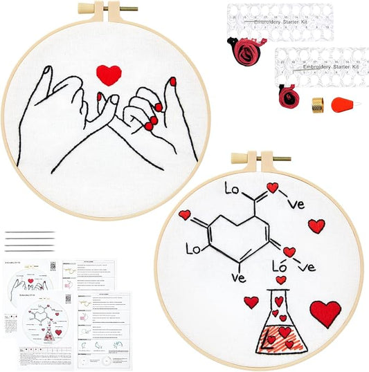 Valentine's Day Embroidery Kits for Beginners Adults, Romance Love Heart Embroidery Needlepoint Kits, Hand Stamped Cross Stitch Kits for Beginners Adults, 2 Embroidery Hoops (Attached Video Tutorial)