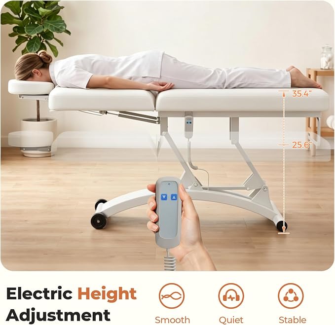 Paddie 550lbs Hi-Lo Electric Massage Table Professional, White | Hydraulic Adjustable Backrest, Adjustable Face Cradle, Rolling Wheels