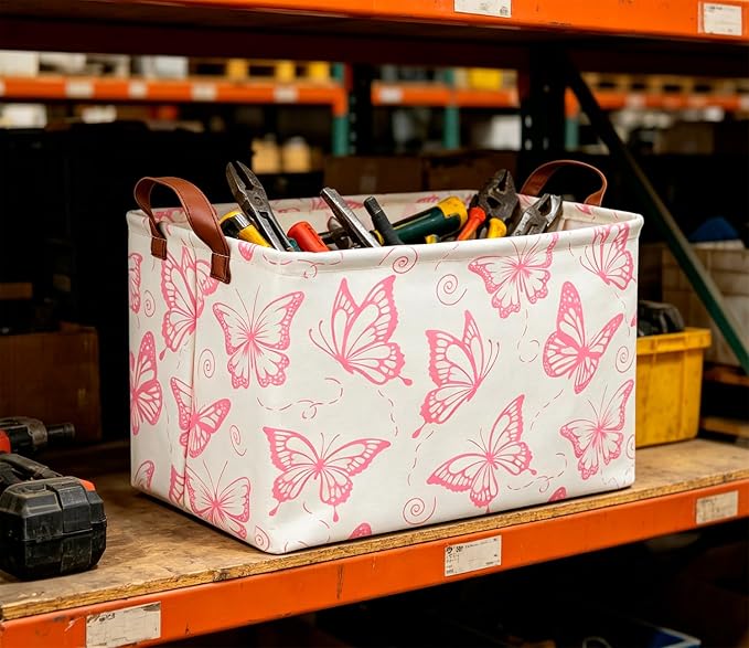 CLOCOR Rectangular Fabric Storage Bin, Waterproof Storage Box with Handles(Pink Butterfly)
