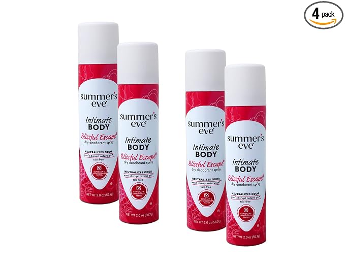 Summer’s Eve Blissful Escape Feminine Dry Spray Deodorant, Daily Intimate Body Spray, Neutralizes Odor, pH Balanced, Talc Free, Gentle Fresh Scent, 2 Ounce (Pack of 4)