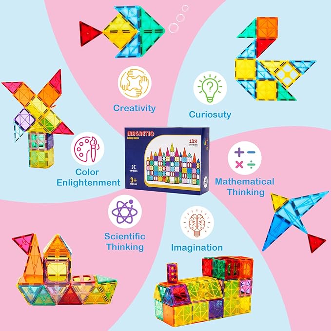 Ryoichi 138PCS Magnetic Building Tiles Set with 2 Cars, STEM Educational Construction Blocks & Montessori Learning Toys for Kids Ages 3-9+ Years