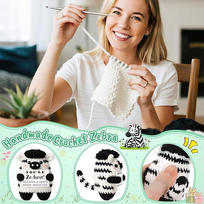 Mini Inspirational Gifts for Women Men, Christmas Thanksgiving Birthday Gifts for Daughter Son Handmade Zebra Positive Crochet Animals for Couples Friends Coworkers Bosses Christmas Stocking Stuffer