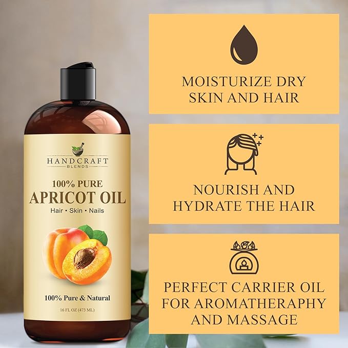 Handcraft Blends Apricot Kernel Oil - Cold-Pressed 16 Fl Oz - 100% Pure and Natural - Premium Grade Carrier for Skin and Hair - Hair and Body - Massage - Hexane-Free