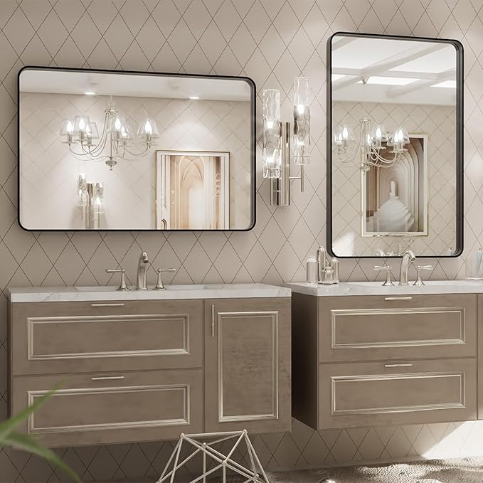 LOAAO 20X30 Inch Black Metal Framed Bathroom Mirror | Matte Black, Rounded Rectangle, Anti-Rust, Hangs Horizontally or Vertically