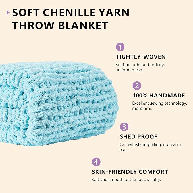 L'AGRATY Chunky Knit Throw Blanket for Couch, 40 x 50 Inches, Light Blue | Handmade Chenille Crochet Blanket for Sofa Bed, Thick Cable Knitted Blankets for Room Home Decor, Birthday Gift for Women Mom