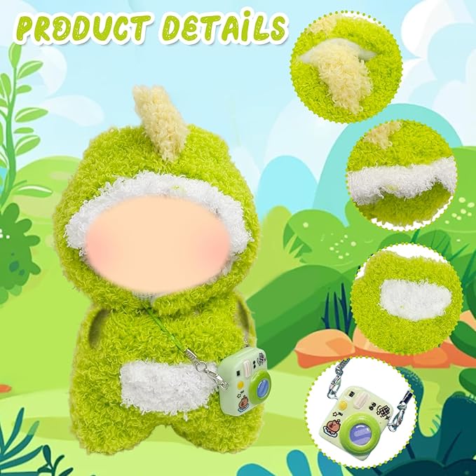 17cm Doll Clothes, 3 Pcs Dinosaur Outfit Include 1 Jumpsuit 1 Headgear 1 Camera Padent for Dolls Premium Outfit, Birthday Holiday Present for Adults Kids (No Doll) Green