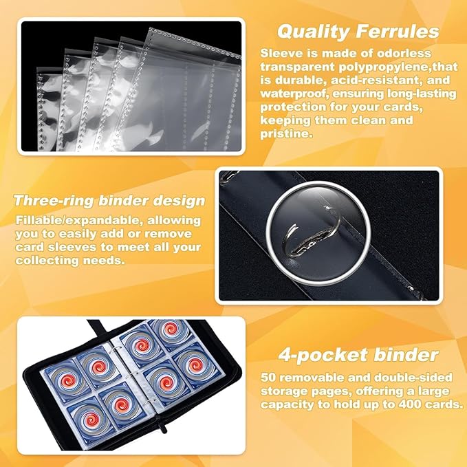 Jravkfi Card Binder 4 Pocket with 50 Removable Sleeves-Can Hold 400 Cards,3-Ring Zipper Sports Book is Gifts for Boys and Girls（Black）