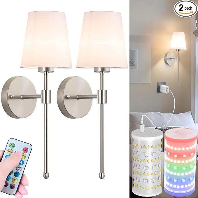 Battery Operated Wall Sconces Set Of 2, Wireless Battery Wall Light With 10000mAh RGB Rechargeable Magnetic Bulb, Rechargeable Wall Sconce With Remote Control For Bedroom, No Electrician Required