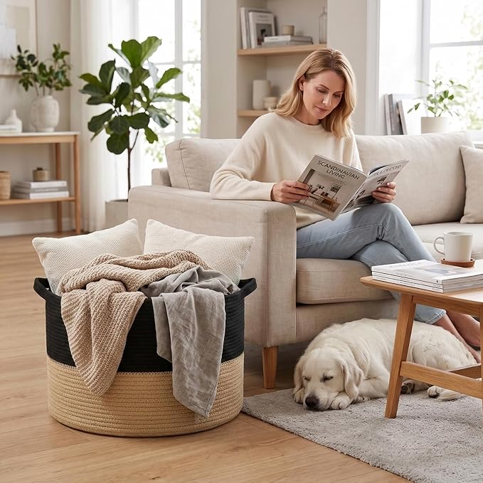 65L Large Blanket Basket,Woven Laundry Basket-Black&Camel | Collapsible, reinforced handles, nursery storage bin organizes clothes, toys and pillows for living room, bedroom bathroom